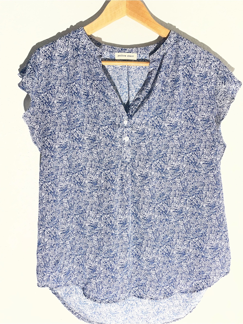 Yellow Chair Blue Printed Short-Sleeve V-Neck Blouse